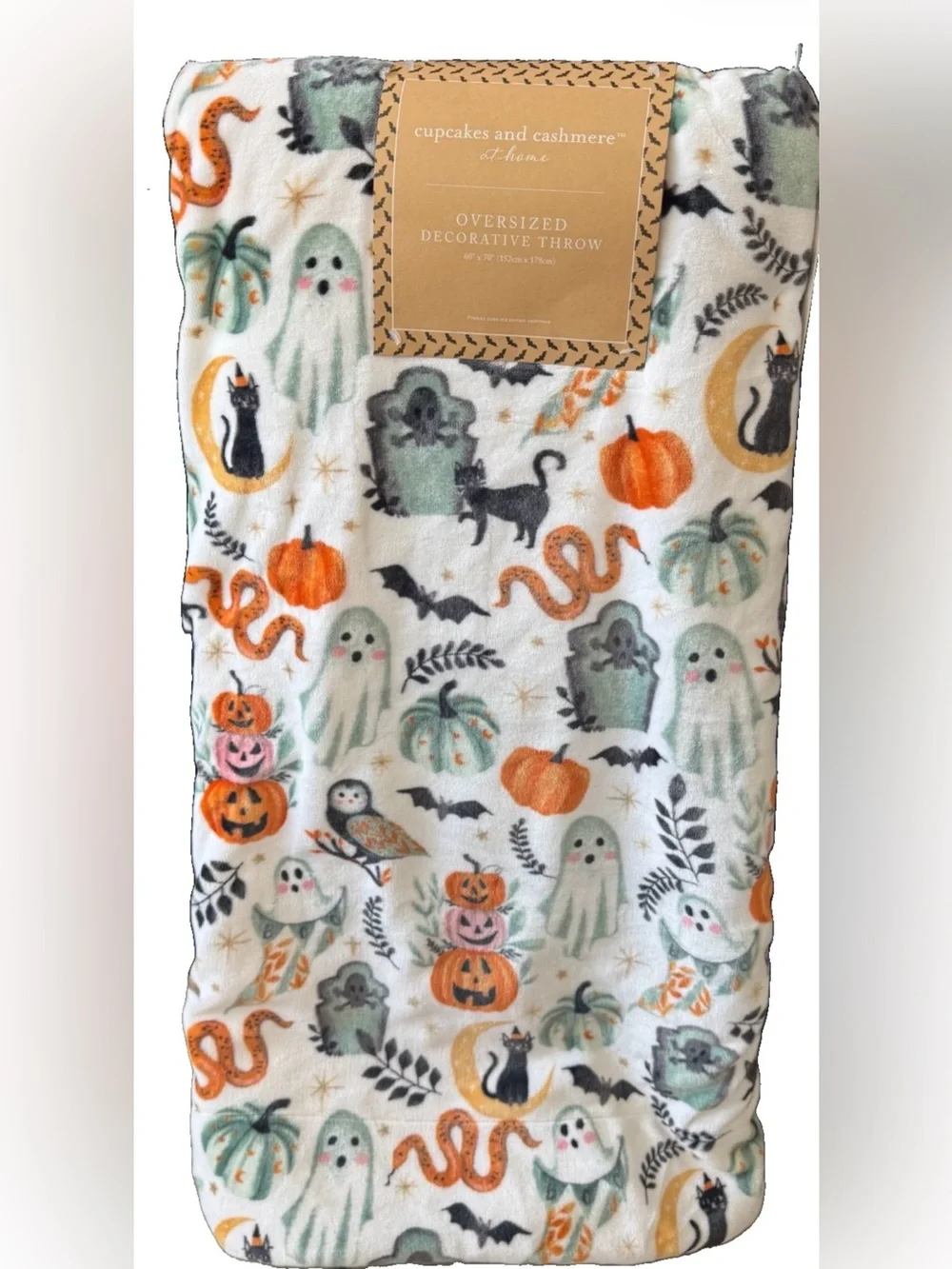 Cupcake & Cashmere Halloween Throw Blanket Pumpkins Cats Snakes Ghosts Moon NWT